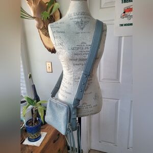 ALLSAINTS Vincent Slate Grey Blue Leather Crossbody Purse with Adjustable Strap